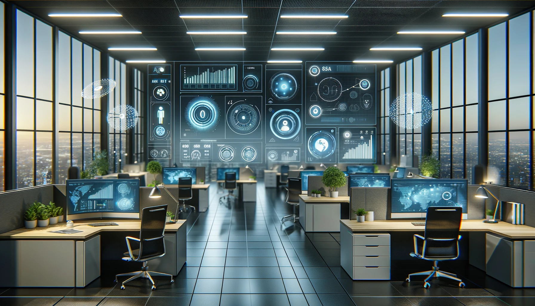 Futuristic AI office workspace with holographic displays and modern technology