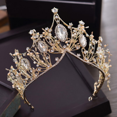 Crystal Beads Gold Tiara Crown Wedding Bridal