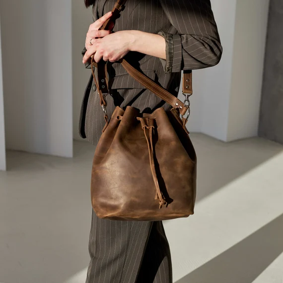 Etsy Handmade Leather Drawstring Bucket Bag