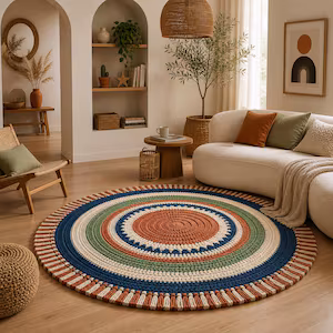 Round Boho Crochet Rug, Handmade Style Circular Area Rug, Fringe Floor  Carpet, Rustic Scandinavian Home Decor