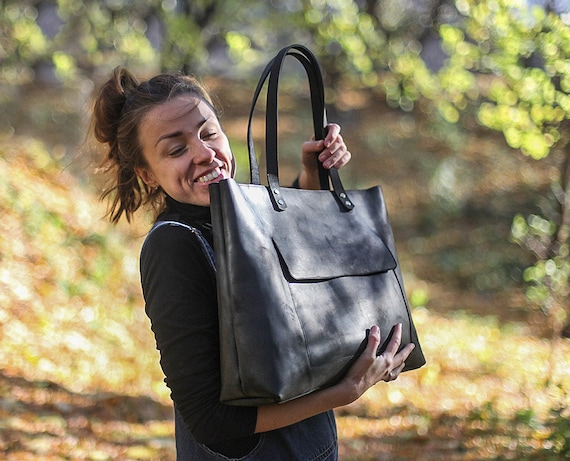 Etsy Extra Large Black Leather Tote Laptop Bag