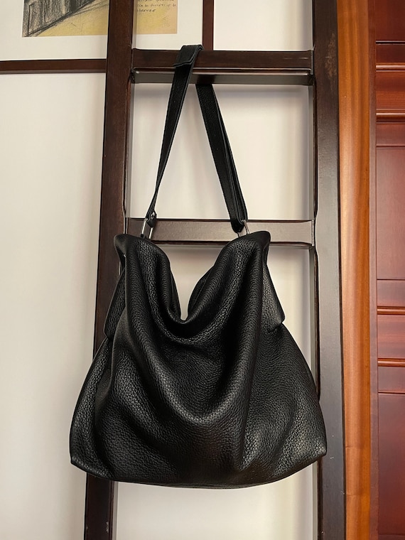 Etsy Black Leather Hobo Bag with Crossbody Strap