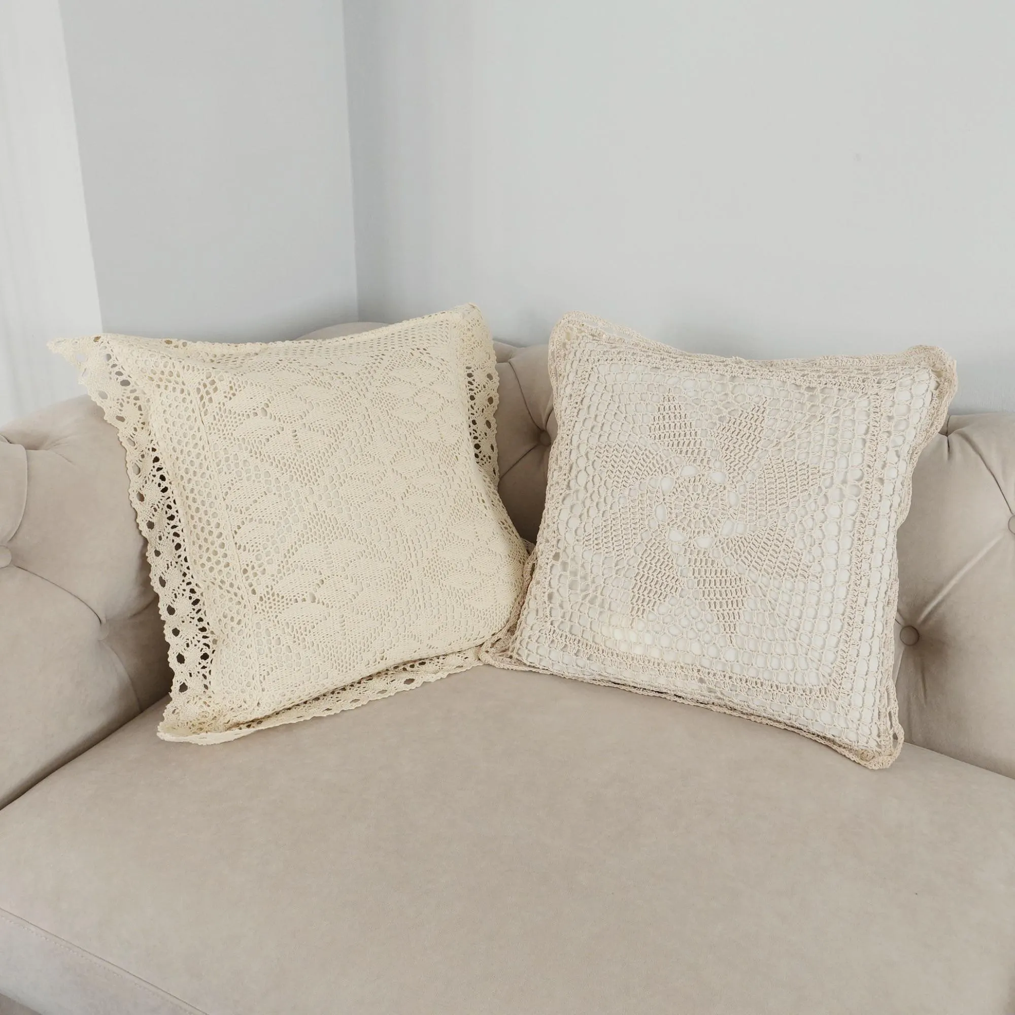 Ivory Crochet Cushion Cover, Bolster Pillow Case Square, Sofa and Bed