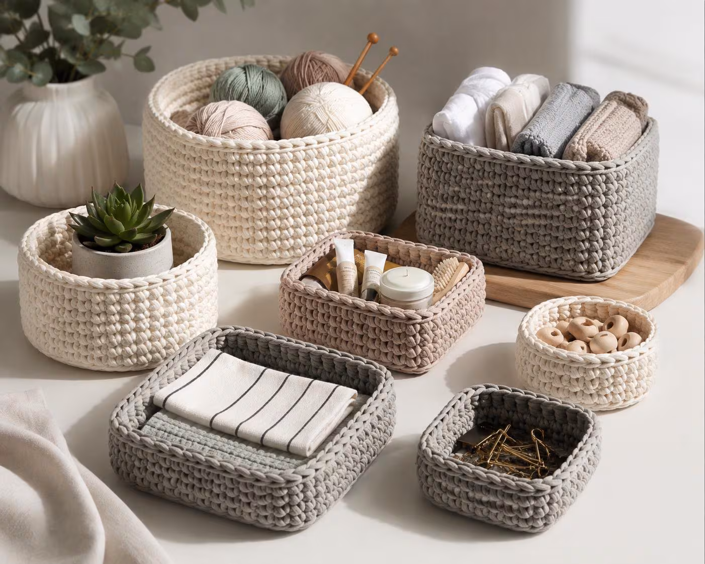 Easy Crochet Basket Pattern Set, Beginner Home Decor PDF, Organize Storage Tutorial, Modern Square Round Trinket Tray