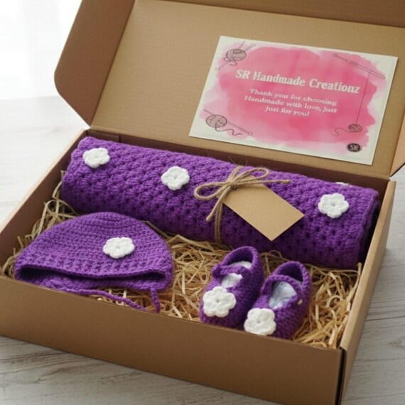 Purple Crochet Baby Blanket Set: Newborn Cap & Booties (0-3 Months)