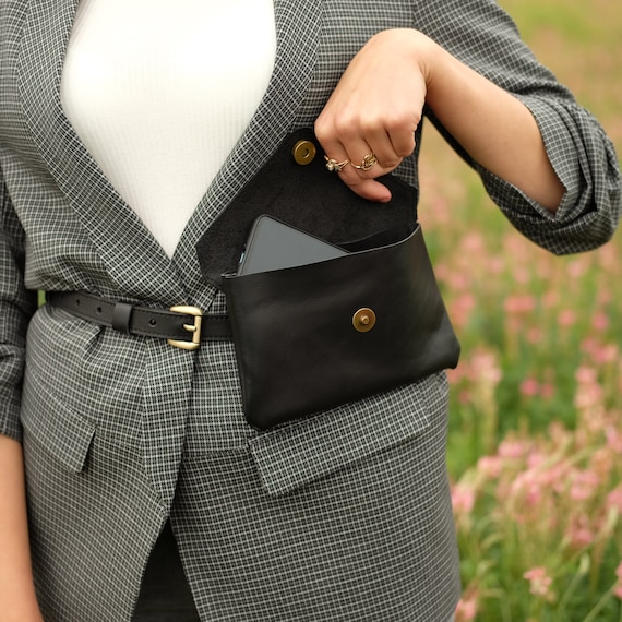 Etsy Black Leather Belt Bag with Button Closure