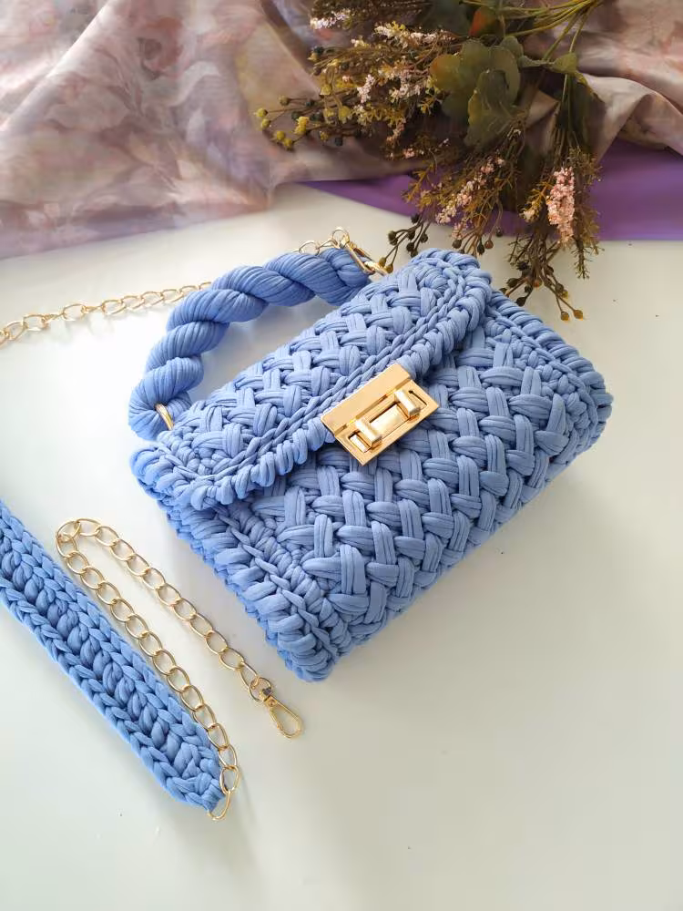 Handmade Blue Crochet Bag: Blue Woven Handbag With Gold Chain - Etsy