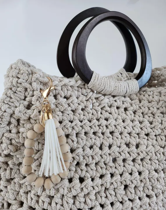 White Crochet Bag With Wooden Handle