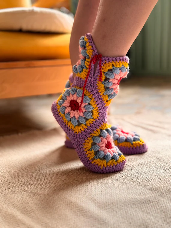 Handmade Crochet Slippers With 3-layer EVA Sole, Lilac-pink-blue Motifs, Cozy Winter Boho Home Shoes - Etsy Canada