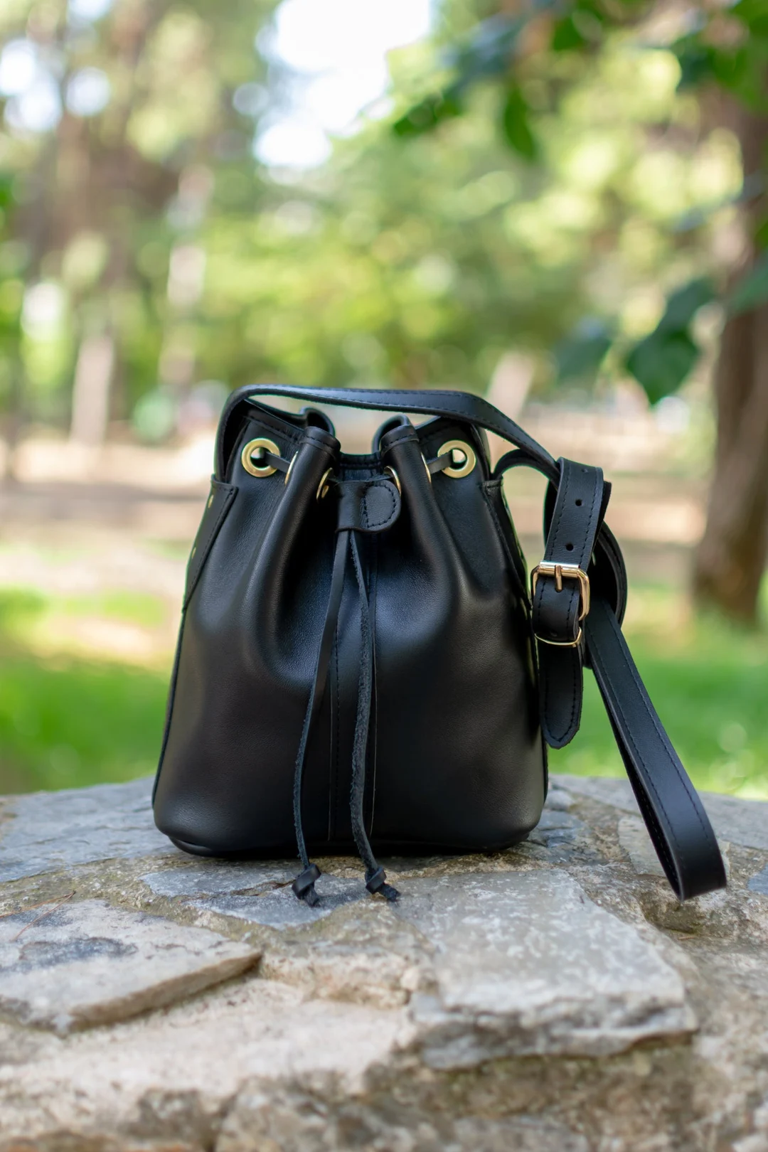 Etsy Black Leather Bucket Bag with Drawstring