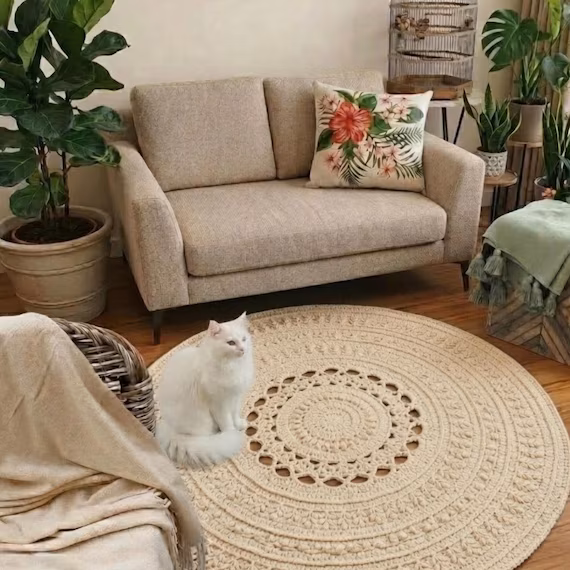 Buy Handmade Crochet Rug | Boho Floor Mat | Chunky Yarn Carpet | Living Room Decor | Round Crochet Rug Online