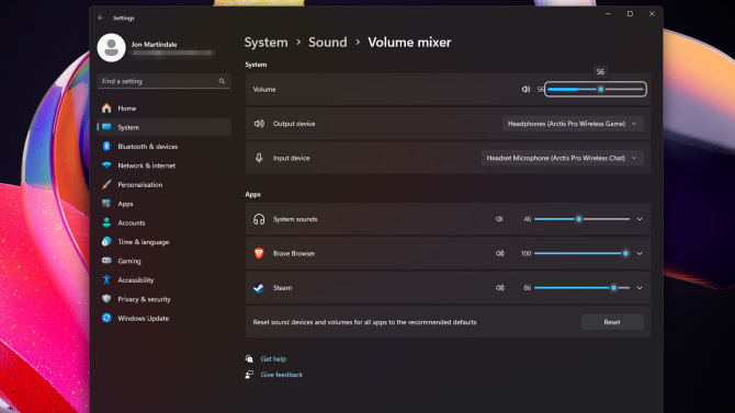 Windows 11 Volume Mixer settings showing per-app audio controls