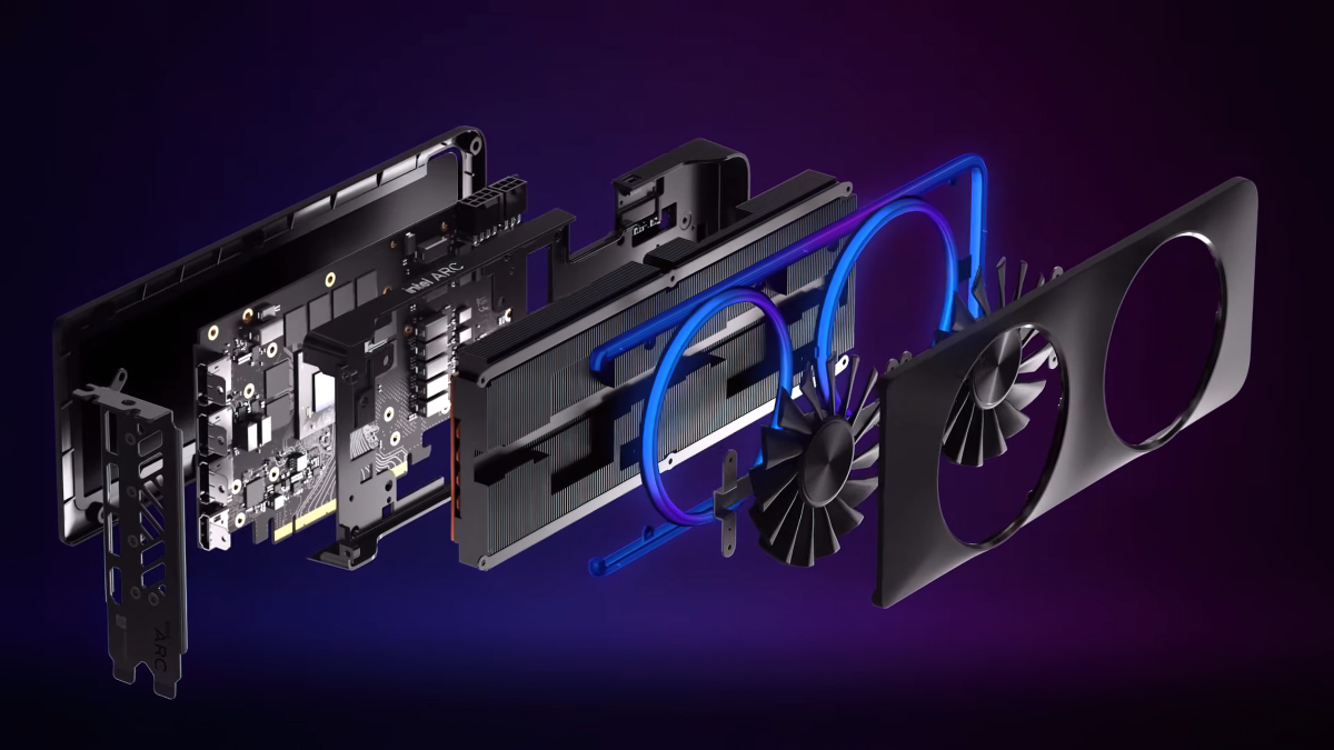 Intel Arc Battlemage GPU exploded view showing internal architecture and cooling design