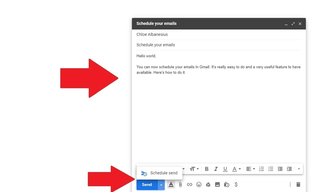 Gmail Schedule Send dropdown menu showing options for tomorrow morning and custom date selection