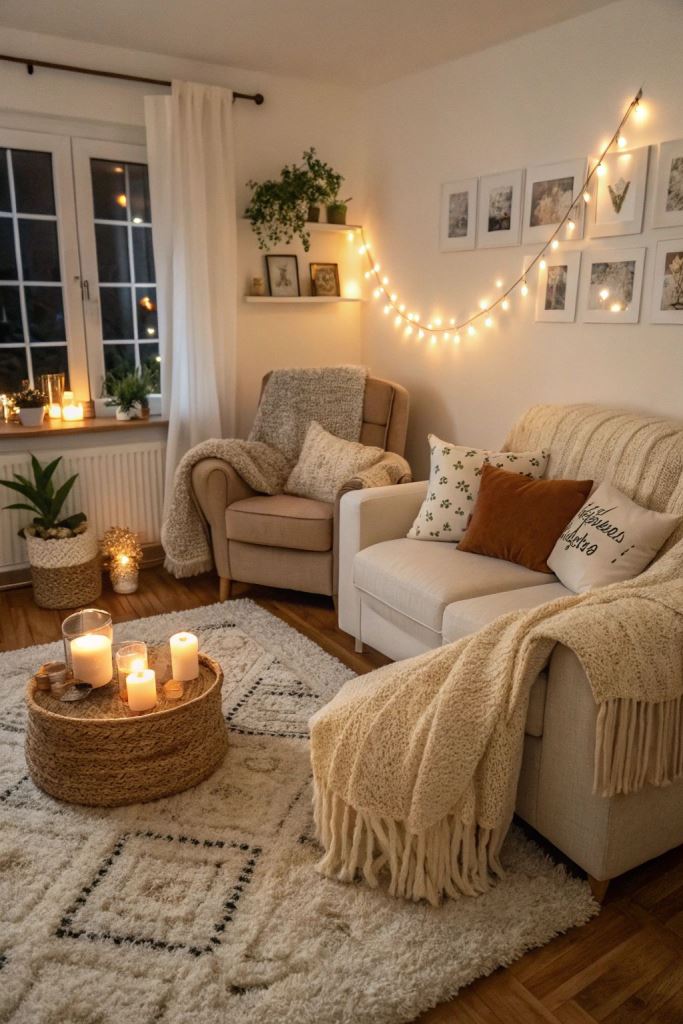 Cozy living room with fairy lights and board game setup for date night