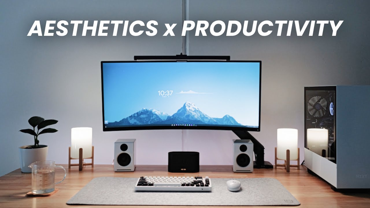 Minimal clean desk setup with ultrawide monitor and organized workspace