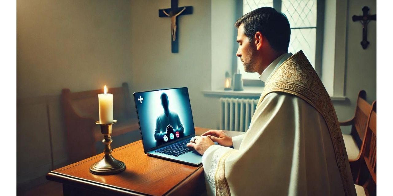 Priest conducting live-streamed church service with digital equipment
