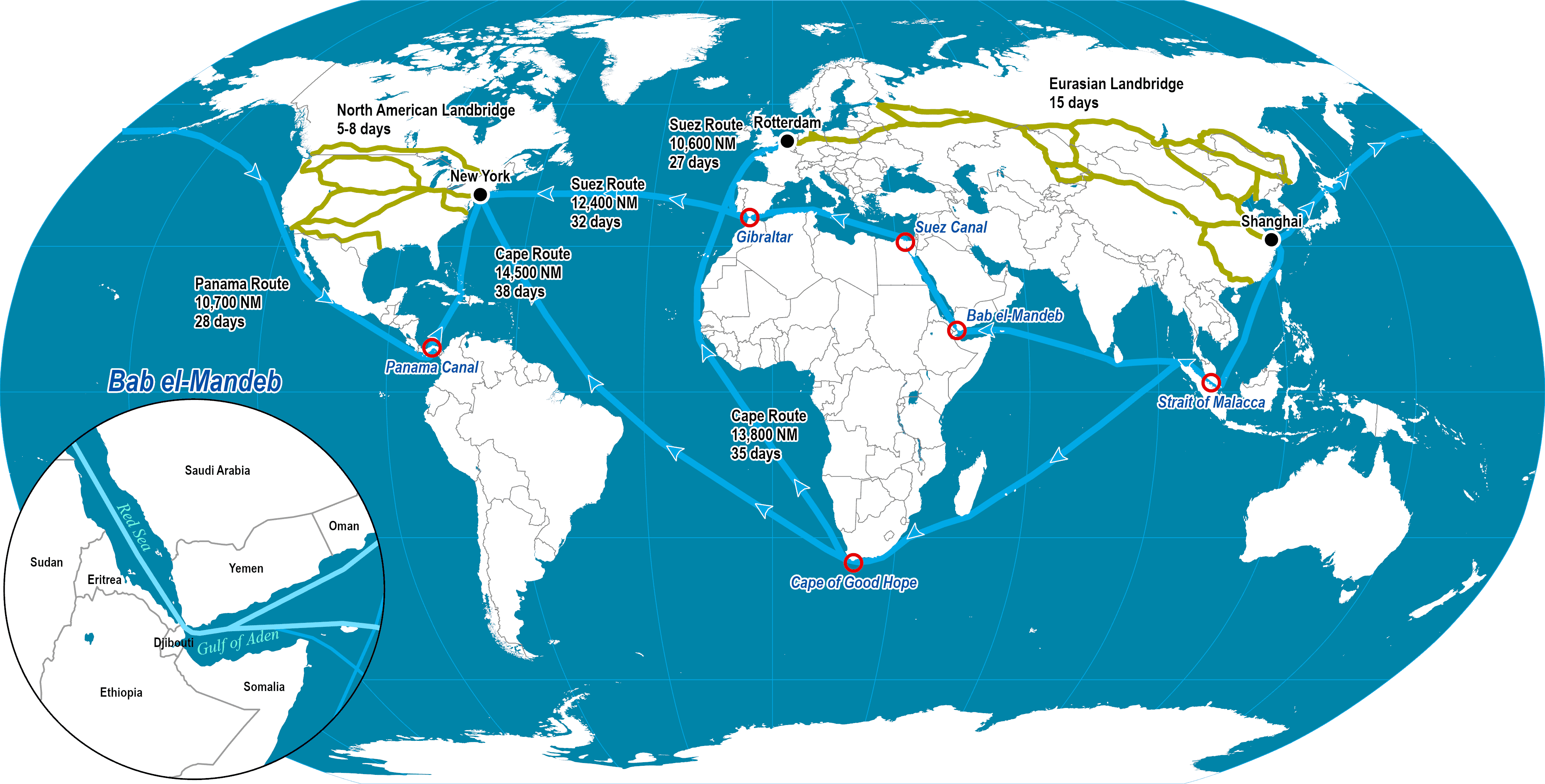Red Sea Crisis Shipping Route Map showing Suez Canal and Cape of Good Hope alternatives