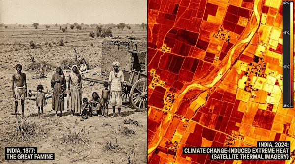 Mapa histórico mostrando as anomalias oceânicas globais de 1877 e as rotas de teleconexão climática