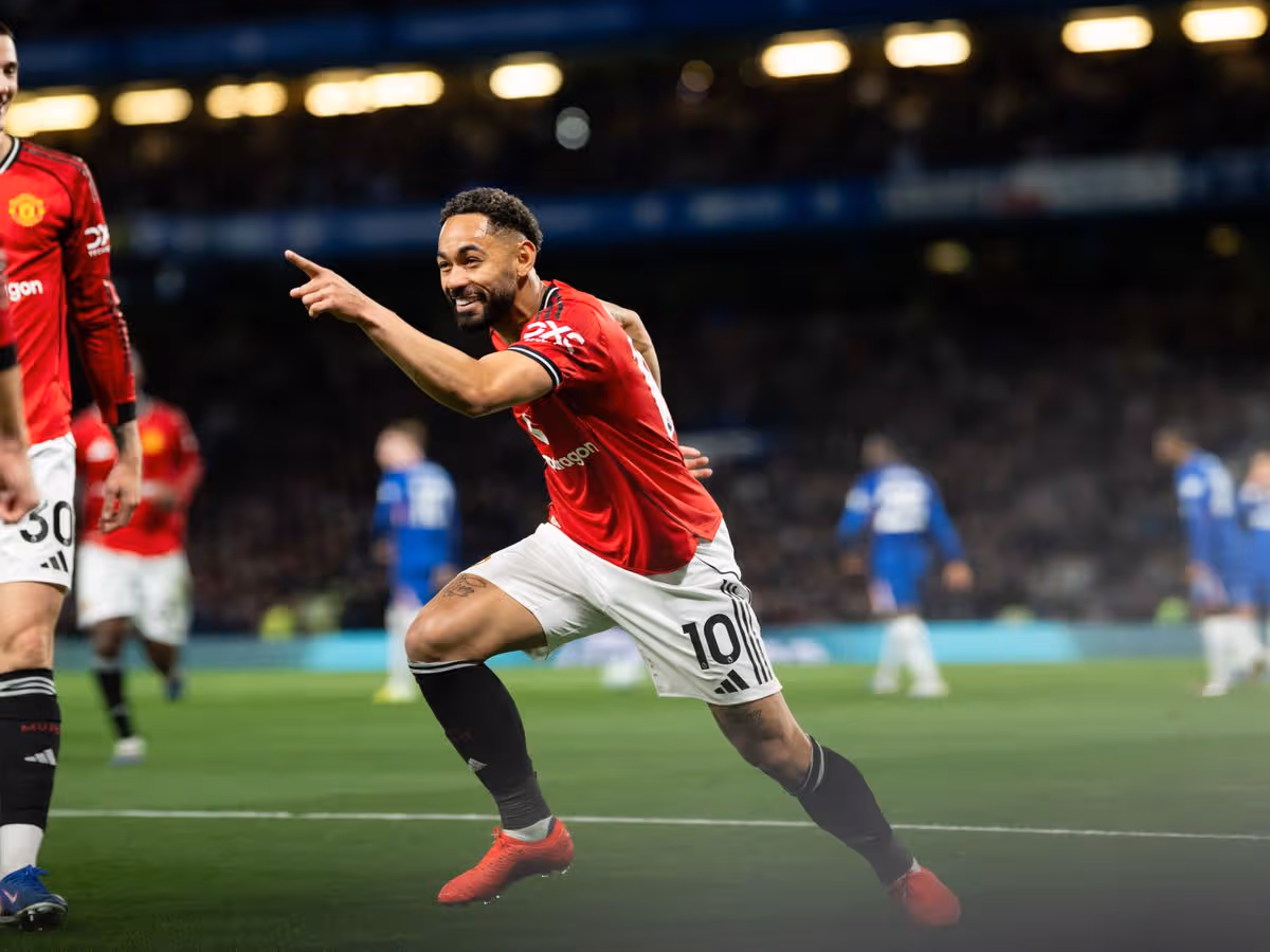Manchester United player Matheus Cunha celebrating goal against Chelsea at Stamford Bridge