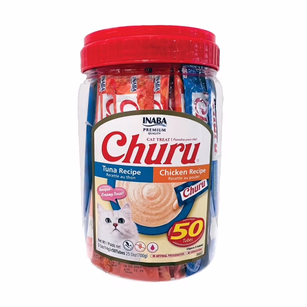 INABA Churu Cat Treats, Grain-Free Lickable Puree, Tuna & Chicken Variety, 50 Tubes