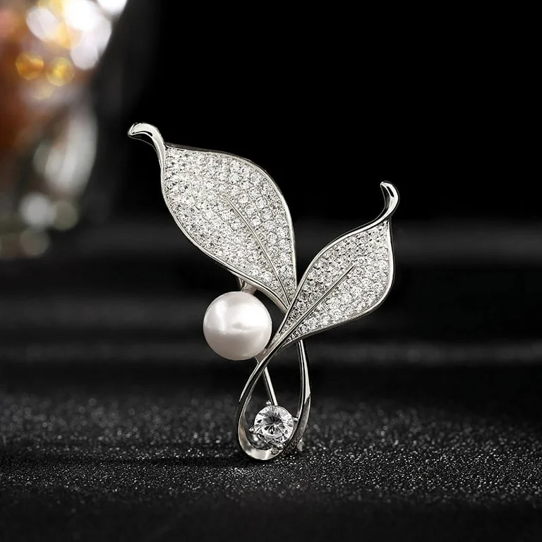 Crystal Leaf Pearl Brooch Pin for Wedding
