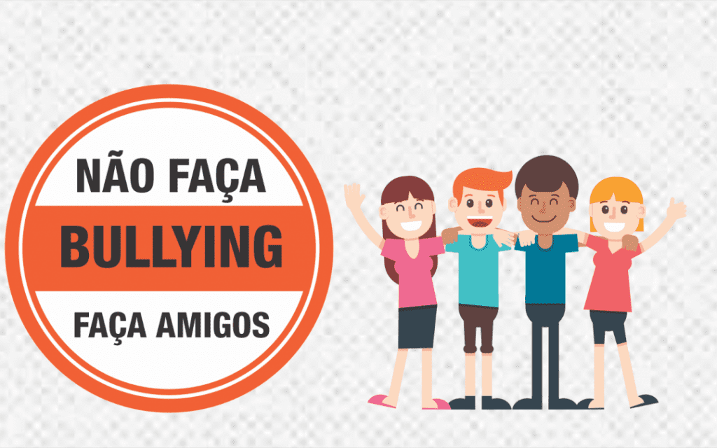 Campanha de conscientização contra bullying escolar com ilustração de estudantes diversos e mensagem Não faça bullying, faça amigos