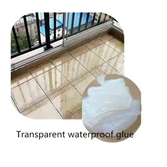 Transparent waterproof glue applied on balcony tiles for leak repair