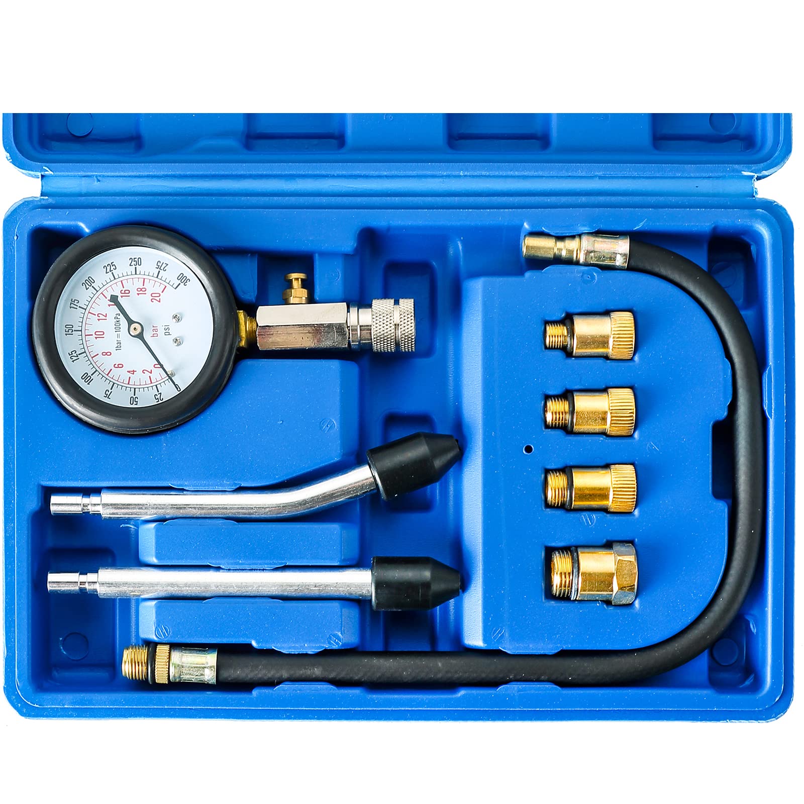 P0300 Compression Test Gauge Kit in blue case showing pressure gauge, hose adapters, and spark plug thread fittings