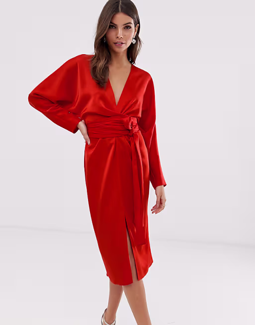 ASOS Design Women's Satin Wrap Midi Dress