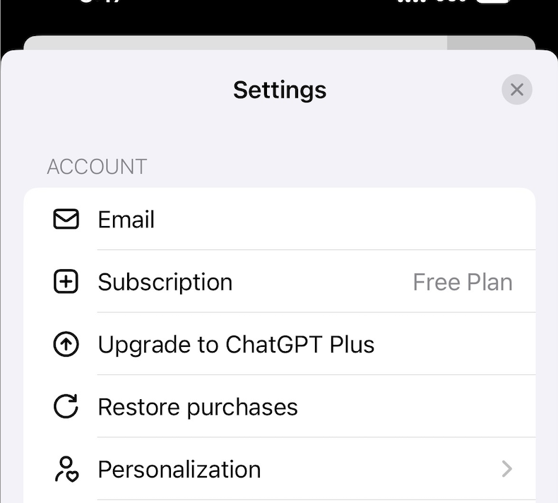 iPhone ChatGPT 设置页面显示升级到 Plus 订阅选项