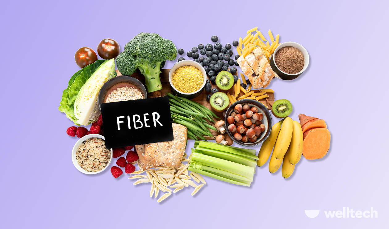 High fiber foods including fruits, vegetables, and whole grains for gut health