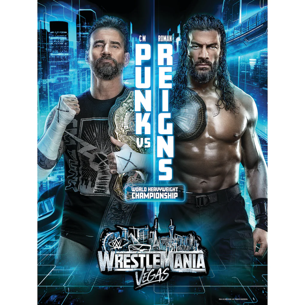 CM Punk versus Roman Reigns WrestleMania 42 Night 2 main event promotional poster
