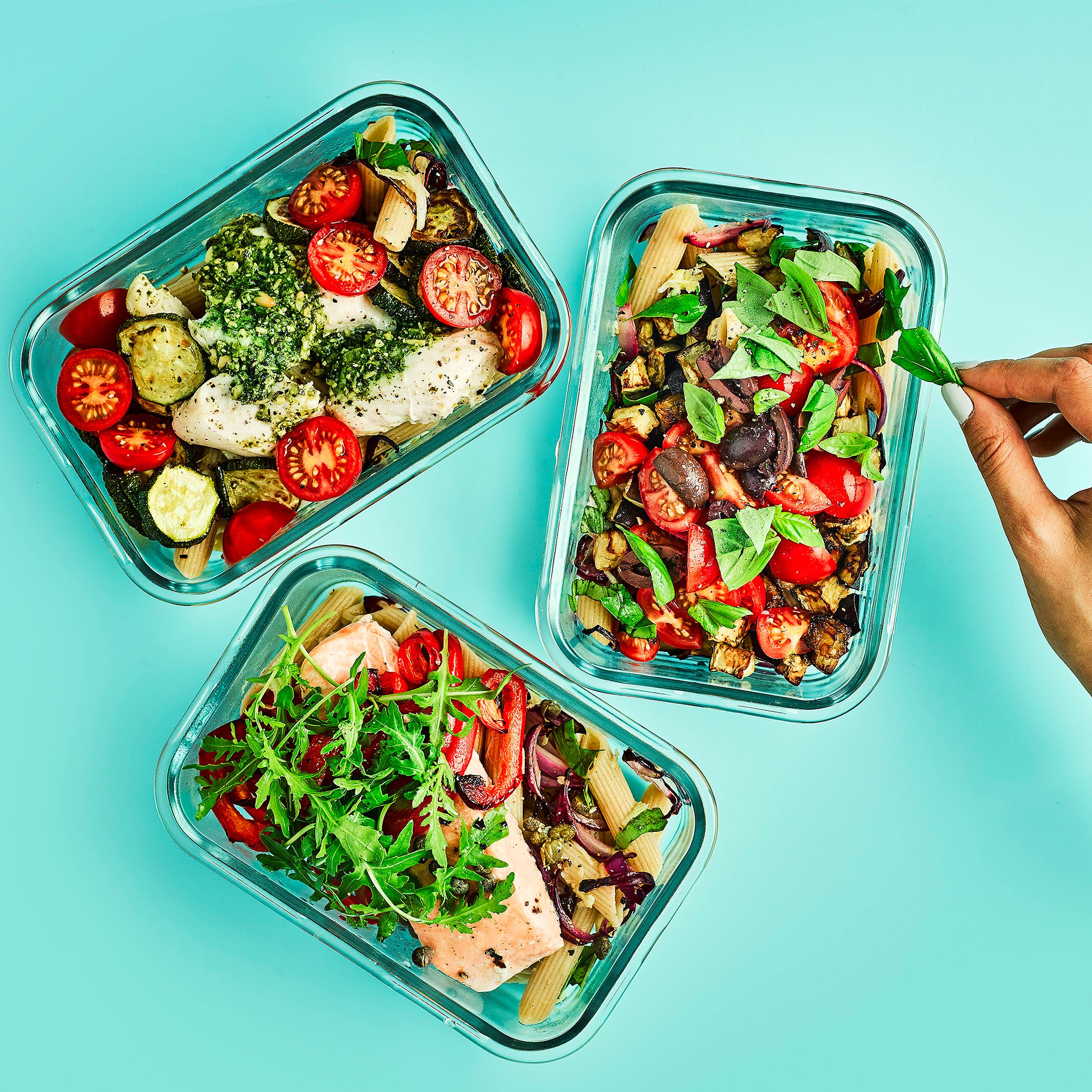 Glass meal prep containers with balanced healthy meals