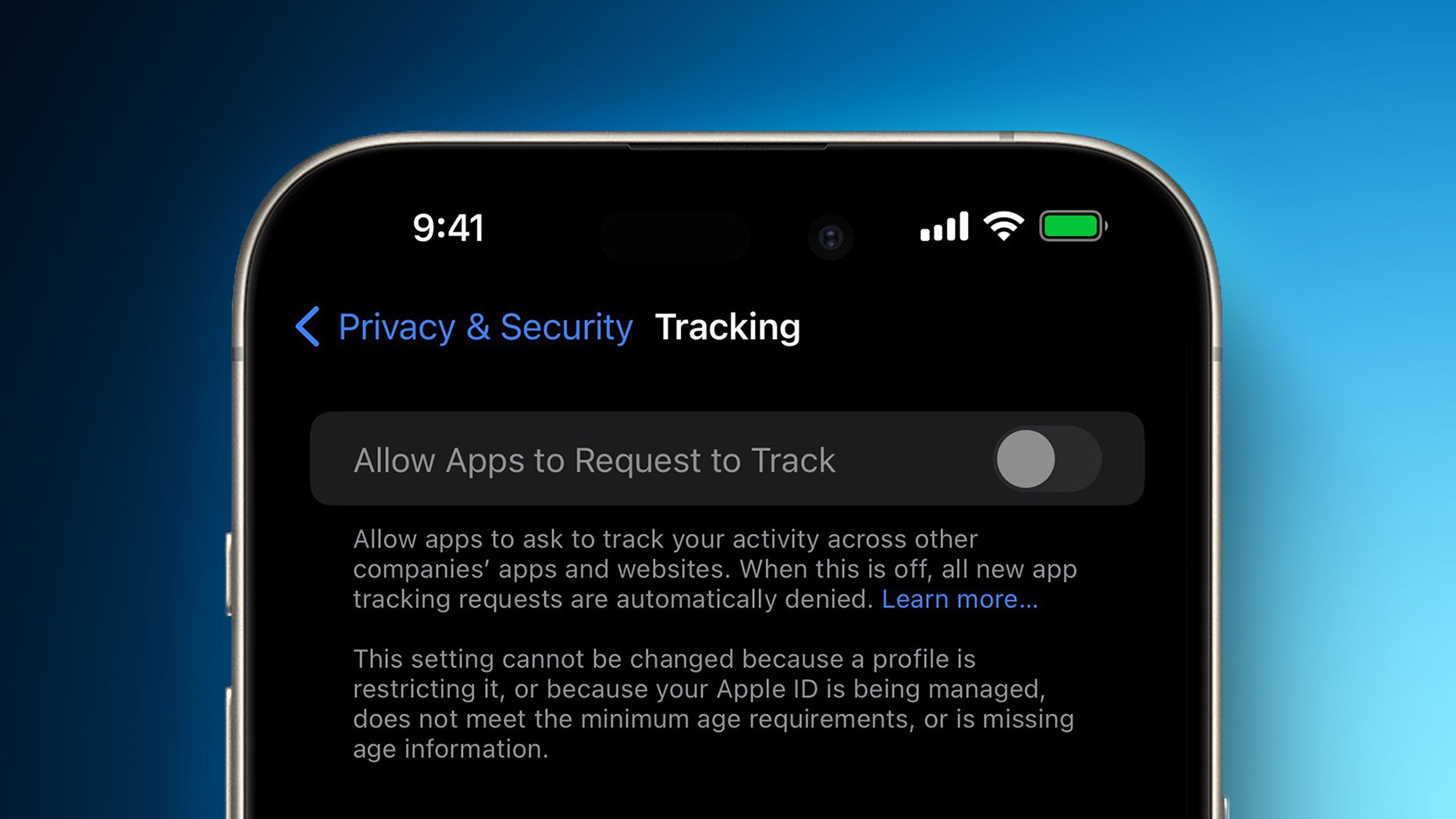 iPhone tracking toggle disabled in privacy and security settings