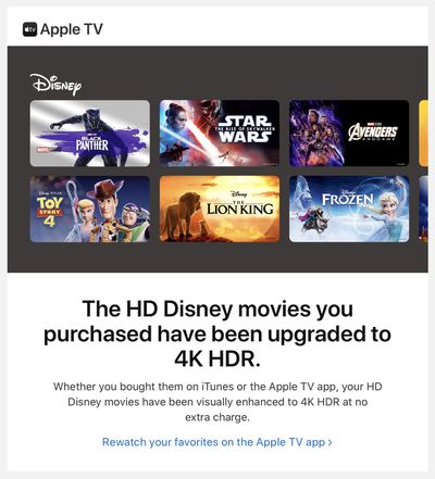 Apple TV 显示迪士尼电影已升级至 4K HDR 提示