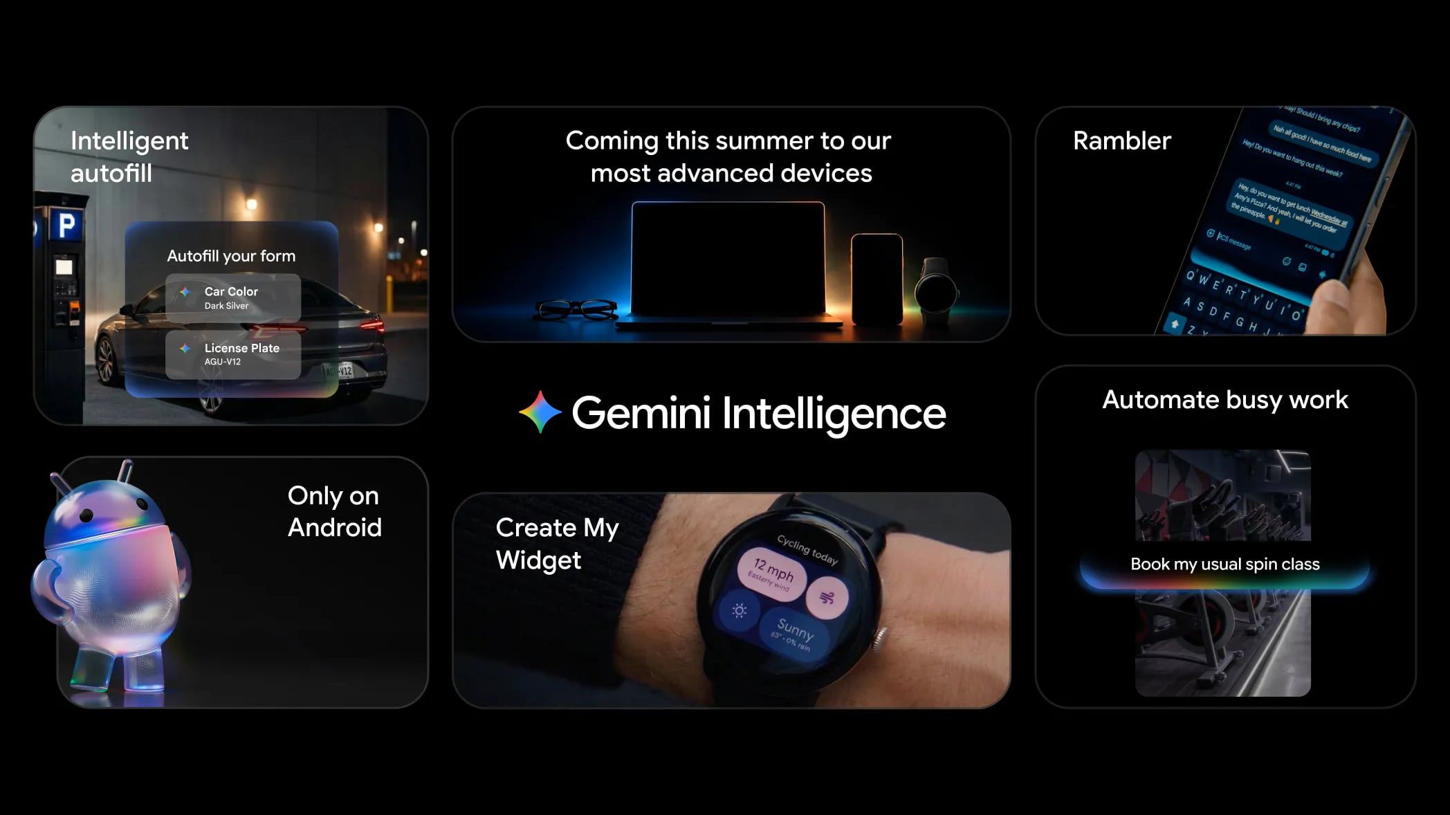Android 17 Gemini Intelligence suite features preview 2026 Android 17 Gemini Intelligence features showing intelligent autofill, custom widgets, and Rambler voice messaging