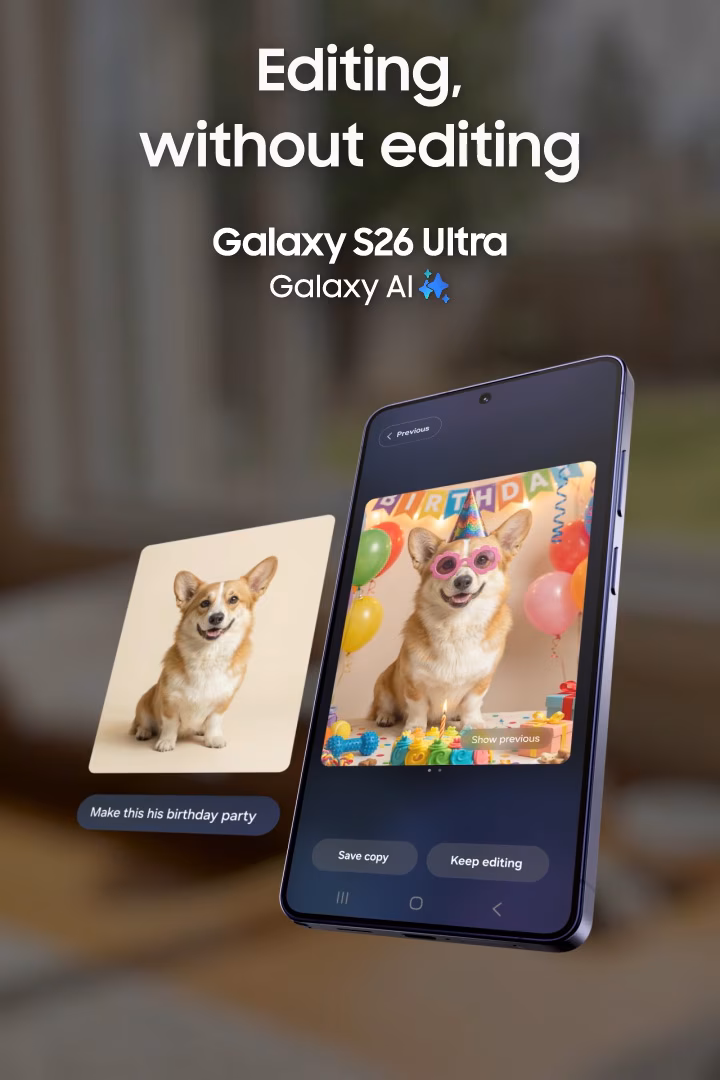 Samsung Galaxy S26 Ultra showing Photo Assist AI editing feature with dog photo