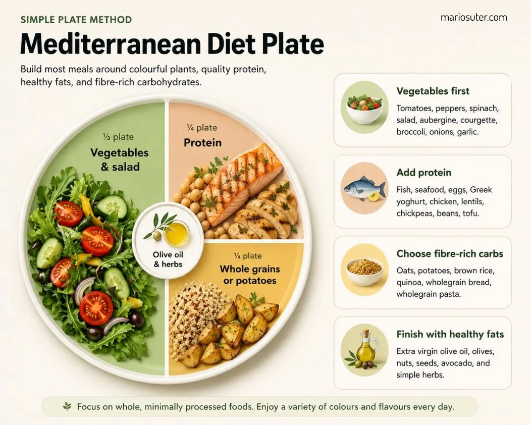 Mediterranean diet plate showing portions of vegetables, protein, whole grains, and healthy fats