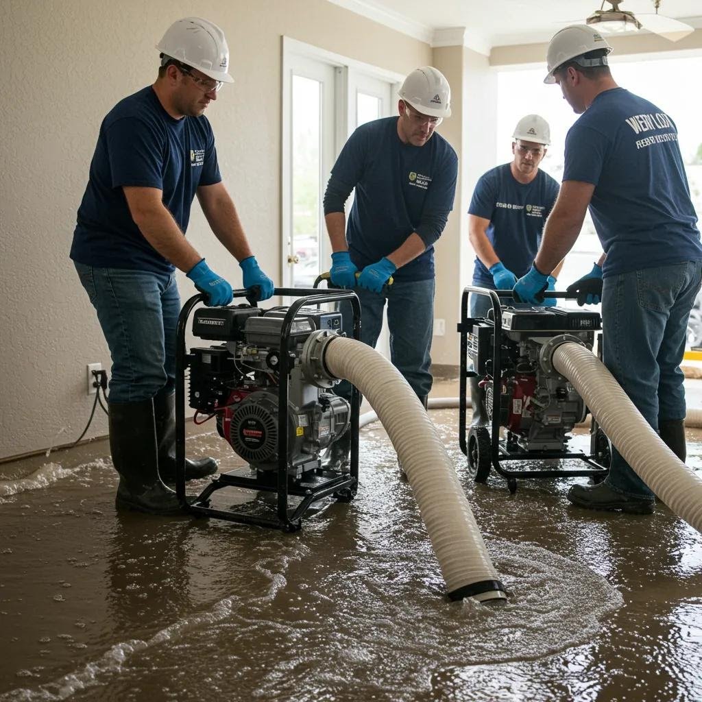 Water damage restoration technicians using industrial pumps to extract flood water from a residential home