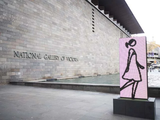 NGV exterior showing the water wall and architectural entrance