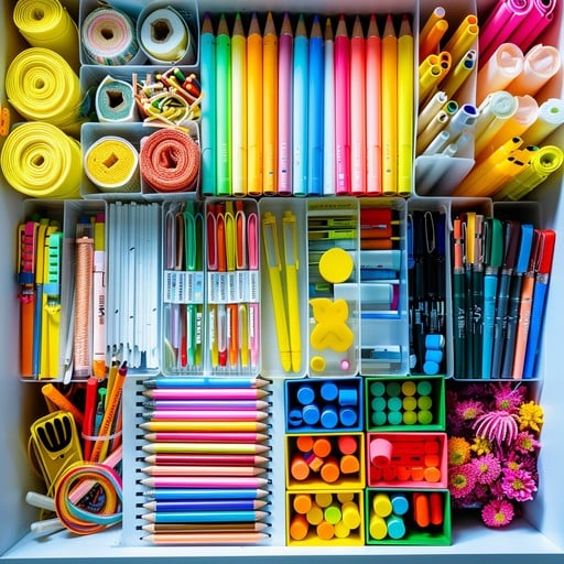 Organized colorful stationery drawer with pens, pencils, and markers