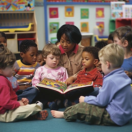 Maestra leyendo a niños en Cultural Somasco