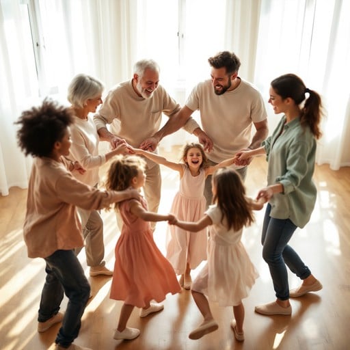 Familie danser sammen i ring