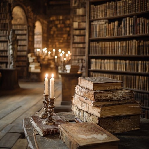 Candlelit library with ancient books