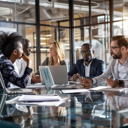 Diverse corporate team meeting in modern office