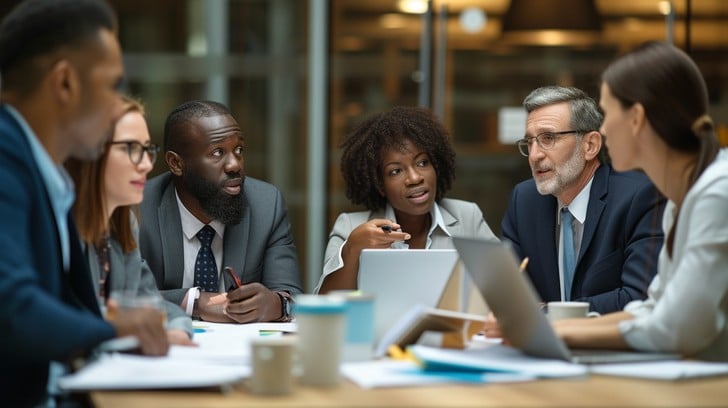 Diverse corporate team meeting in modern American office
