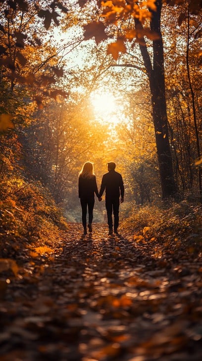 Couple walking through autumn leaves during fall season