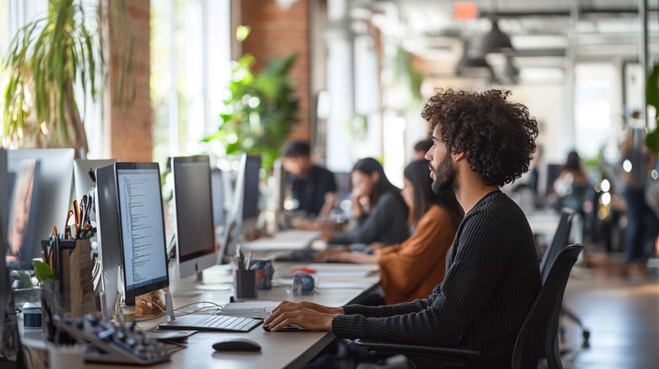 Focused office worker using optimized Windows PC in modern workspace
