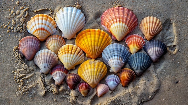 Colorful scallop seashells arranged on sandy beach